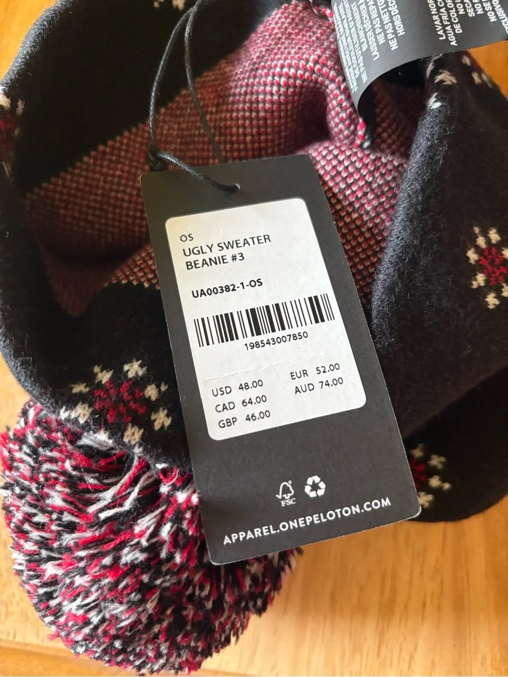 NWT PELOTON Black Beanie with Red & White Pom Pom, Size: OS